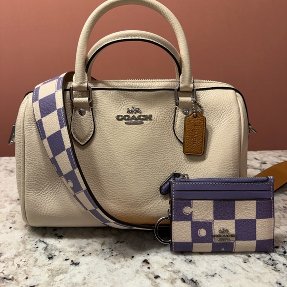 COACH Cream Leather Satchel with Lavender Checker Strap and Card Case